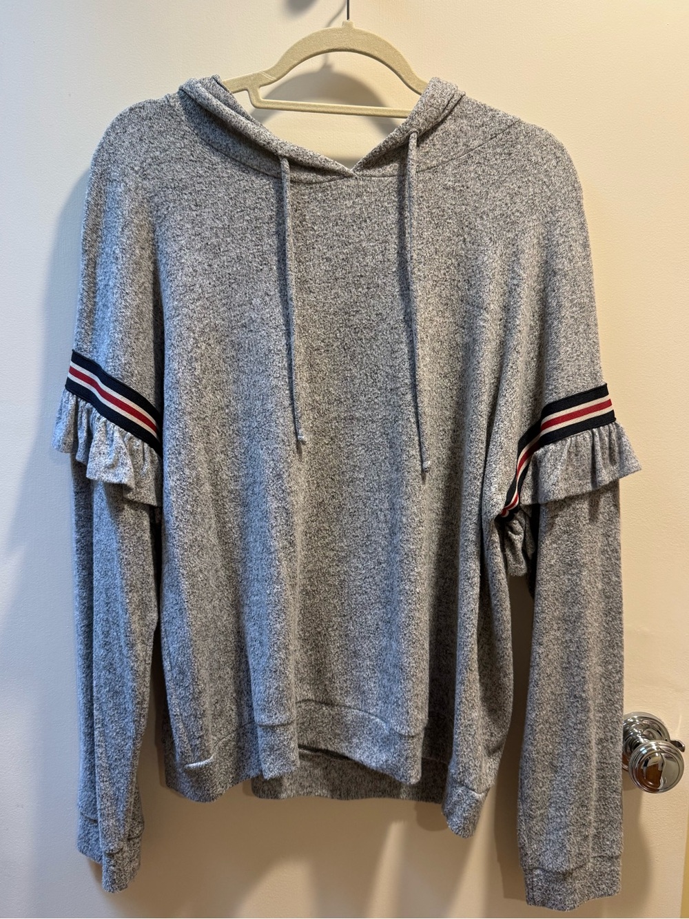 Vintage Havana Cozy Gray Hoodie Sweater with Ruffle Sleeve Detail